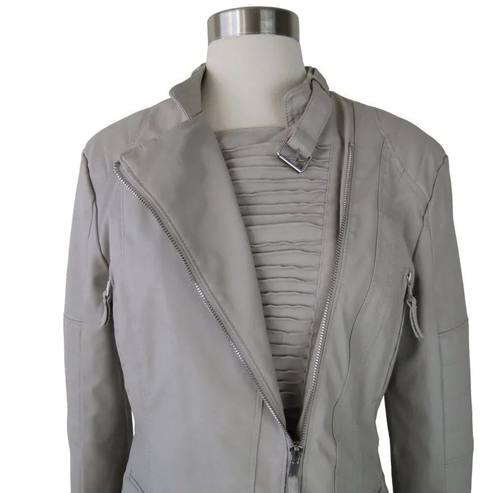 BLANKNYC Women's Tan Faux Leather Asymmetrical Moto Jacket S Vegan Quilted Tucks